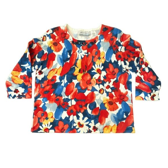 Alfred Dunner Floral Sweater size PL Large Petite Beaded 3/4 Bright Womens LP - Picture 1 of 4